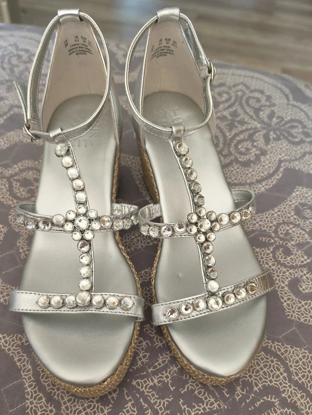 Naturalizer Silver T-Strap Jeweled Wedge Sandals